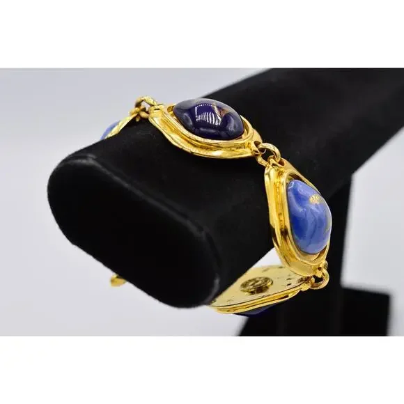 Edouard Rambaud Vintage Cabochon Bracelet Gold Blue Painted Gripoix Chunky BinY
